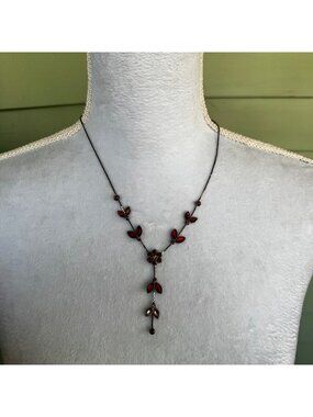 Y2K Red Leaf & Flower Pendant Necklace With Adjustable Chain